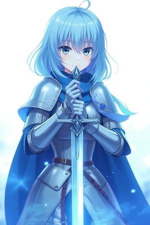 A whimsical, blue-toned anime scene: A girl stands in clad in steel plate armour, cluthcing her sword with both hands, her delicate fingers intertwined around the handle. Her detailed, expressive anime hands grasp the sword handle tighty, as if she will die without it. The medium shot captures her fearfl expression, set against a crisp white background that accentuates the vibrant blue hues. Delicate lines and textures define her features, inviting the viewer to step into this idyllic world.