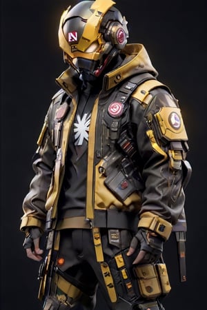 (masterpiece, best quality:1.5), man, jacket, samurai mask, captain america mask, antman mask, led around the helmet, dark face, combination color of black and yellow, cargo pants, nike sneakers, tech streetwear, look on viewer, japanese word on armor, pixel style, central view, scary, hues, Movie Still, cyberpunk, cinematic scene, intricate mech details, ground level shot, 8K resolution, Cinema 4D, Behance HD, polished metal, shiny, data,cyberpunk style,cyborg,TechStreetwear,<lora:659095807385103906:1.0>