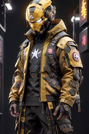 (masterpiece, best quality:1.5), man, jacket, samurai mask, captain america mask, ironman , led around the helmet, dark face, combination color of black and yellow, cargo pants, nike sneakers, tech streetwear, look on viewer, japanese word on armor, pixel style, central view, scary, hues, Movie Still, cyberpunk, cinematic scene, intricate mech details, ground level shot, 8K resolution, Cinema 4D, Behance HD, polished metal, shiny, data,cyberpunk style,cyborg,TechStreetwear,<lora:659095807385103906:1.0>