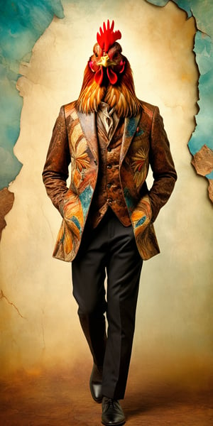 (best quality, 8K, highres, masterpiece), A chicken man wears (batik, black pants, and leather pantovel), while walking towards the camera. full body photo, Set against a backdrop of vintage cracked paper, this piece becomes a dynamic and unusual exploration of color and form. ultra-detailed, double exposure imagery that merges the ethereal, surreal styles of Natalia Drepina and Brooke Shaden with a vibrant, colorful twist. , in the style of esao andrews