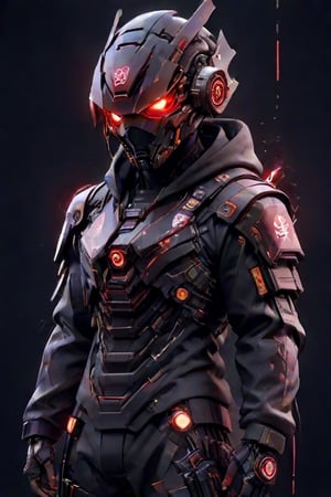 (masterpiece, best quality:1.5), man, jacket, hoodie , cyberpunk mask, gundam mask ,robot, led around the helmet, dark face, combination color of black and red, cargo pants, nike sneakers, look on viewer, japanese word on armor, pixel style, central view, scary, hues, Movie Still, cyberpunk, cinematic scene, intricate mech details, ground level shot, 8K resolution, Cinema 4D, Behance HD, polished metal, shiny, data,cyberpunk style,cyborg,<lora:659095807385103906:1.0>