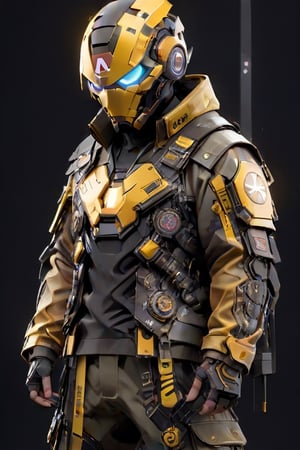 (masterpiece, best quality:1.5), man, jacket, samurai mask, captain america mask, ironman , led around the helmet, dark face, combination color of black and yellow, cargo pants, nike sneakers, tech streetwear, look on viewer, japanese word on armor, pixel style, central view, scary, hues, Movie Still, cyberpunk, cinematic scene, intricate mech details, ground level shot, 8K resolution, Cinema 4D, Behance HD, polished metal, shiny, data,cyberpunk style,cyborg,TechStreetwear,<lora:659095807385103906:1.0>