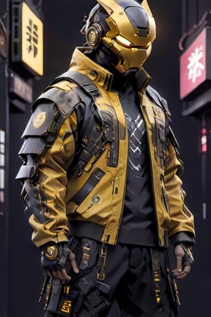 (masterpiece, best quality:1.5), man, jacket, samurai mask, blackpanther mask, ironman , led around the helmet, dark face, combination color of black and yellow, cargo pants, nike sneakers, tech streetwear, look on viewer, japanese word on armor, pixel style, central view, scary, hues, Movie Still, cyberpunk, cinematic scene, intricate mech details, ground level shot, 8K resolution, Cinema 4D, Behance HD, polished metal, shiny, data,cyberpunk style,cyborg,TechStreetwear,<lora:659095807385103906:1.0>