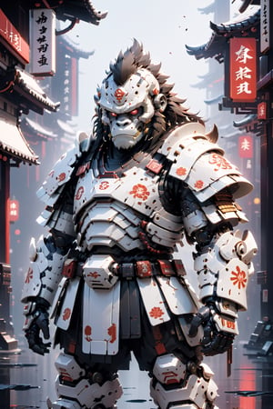 (masterpiece, best quality:1.5), EpicLogo, samurai armor ,gorilla, white armor, white face, look on viewer,Ten-Ten word on armor, pixel style, central view, cute, hues, Movie Still, cyberpunk, cinematic scene, intricate mech details, ground level shot, 8K resolution, Cinema 4D, Behance HD, polished metal, shiny, data, white background