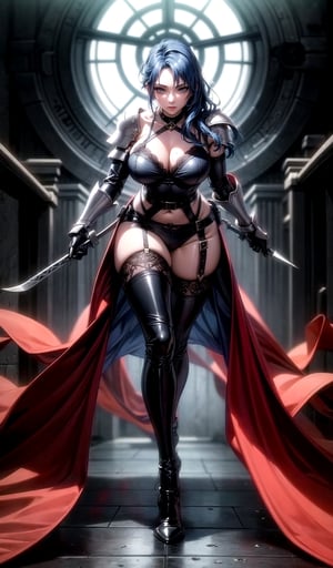 ((masterpiece, best quality)), 1 girl, Assassin, sexy lips, Handle Iron Daggers, Latex Armor, Long hair, Blue hair, Dark Blue Hair, Blue eyes, mixes realistic and fantastical elements, vibrant manga, uhd image, vibrant illustrations, full body, Black latex suit, big_boobies ,lingerie laces detailed, lace stockings, Dungeon Background, Night, Ragnarok game assassin job,