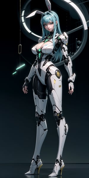 ((masterpiece, best quality)), 1_girl_posing, naked_big_boobs, bunny girl suit, Rabbit_ear, wearing_yellow_jacket, seductive_smile, green_eyes, Blue_hair, Large_Blue_hair, Mecha_high_heels, Best_quality_anatomy,  Good_anatomy_legs,  best_quality_hands, non_muscular_body,  cyberpunk_background, Neon_Colors, neon_lights, cyberpunk_lights, Light_ reflects, clear blue hair, Long hair, yellow jacket, garter belt, futubot ,Science Fiction, boob_window, cleavage, minimal background, full body, ,futobot, white_suit, white suit, rabit helmet,