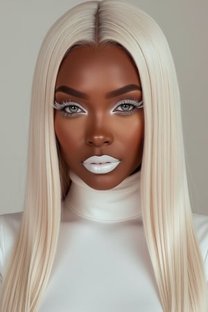 (Best quality, 8k, 32k, Masterpiece, UHD:1.2), portrait of a gorgeous afroamerican, posing for a fashion magazine white gloss lipstick, wearing a white turtleneck couture dress, white lipstick , ((Fancy white make up, white eyeshadow, long fancy eyeliner,)) face glitter, (platinum dyed straight hair), and attractive features, looking at viewer, eyes, eyelid, leashes, eyes contact, focus, depth of field, film grain, serious, ray tracing, sunset, ((contrast lipstick)), detailed natural real skin texture, perfect straight platinum dyed hairstyle ,visible skin pores, anatomically correct