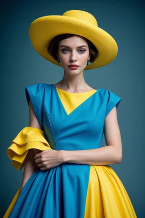 (Best quality, 8k, 32k, Masterpiece, UHD:1.2),   a woman in a yellow and blue dress and hat, fine art fashion photography, saturated colours,  fine art fashion magazine style, , primary colours, sci-fi fashion model, DreamOn,<lora:659111690174031528:1.0>
