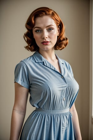 (Best quality, 8k, 32k, Masterpiece, UHD:1.2),  a ginger woman in a blue shirtwaist dress posing for a picture, retro pinup model, midshot picture, and attractive features,  eyes,  eyelid,  focus,  depth of field,  film grain,  ray tracing,  slim model,  anatomically correct, PinUp,<lora:659111690174031528:1.0>