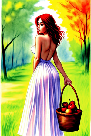  a drawing of a woman walking at forest holding a basket with apples,  milo manara, milo manara style, milo manara h 0 0, manara, illiustration style of manara, painted in watercolor, impressive create such great beauty with effective technique shadows, light, shades of color providing depth, all of this, makes the illiustration art so vivid, and exalts the female figures it is remarkable how in this image natural scenarios that act as a background for the sensual protagonist of the illustration: water, sun, wind, underline the "en plein air" impressionist vein of the bodies modeled by brushstrokes, Ptcard,,<lora:659111690174031528:1.0>