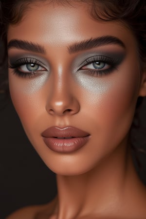 a close up of a woman with silver makeup, fantastic details full face, egyptian makeup, stylized make-up on face, egypt makeup, detailed face of an arabic woman, symmetrical face details, glam make-up, pop makeup style, beauty woman with detailed faces, beautiful full face, stylish make up, thick fancy makeup