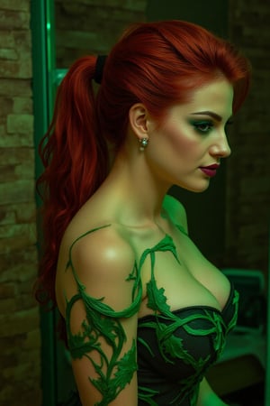 A profile close-up of a woman in a cosplay costume, likely portraying Poison Ivy from DC Comics. 


The woman's figure is centered, and her pose is suggestive of a confident, poised posture. Her hair is vibrant red, styled in loose waves.  Her makeup is dramatic, with deep green eyeshadow and eyeliner that complements the stylized ivy costume.  Her lips are painted a dark, almost berry-red shade.


The costume is the core focus.  It incorporates a green plant-like design, particularly noticeable on her arms and chest area, where vines and leaves are meticulously crafted to simulate ivy.  The green lighting in the image accentuates this botanical theme, the foliage appearing vividly.  The woman's skin tone is light and pale, contrasted with the vibrant colors of her hair and makeup, and the green of the costume elements. 


The background suggests a room with a brick or stone-textured wall, and a portion of a glass or mirrored surface is visible behind and slightly to the side of the woman, reflecting some parts of the scene. The lighting is predominantly focused on the figure, creating a backdrop that draws attention to the cosplay.