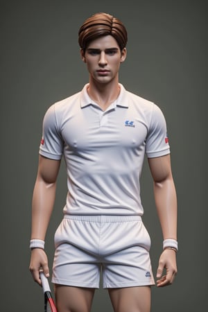 (Best quality, 8k, 32k, Masterpiece, UHD:1.2), a  male plastic tennis player doll wearing white shirt, white shorts, male plastic doll, hyper-realistic cg, unreal engine, , DollMe,,,,<lora:659111690174031528:1.0>