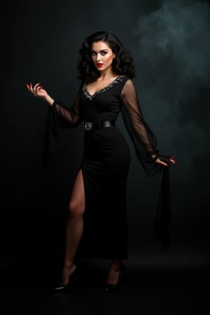 Full shot of a white pale woman dressed in a black, vintage-inspired dress. 


The woman has dark, wavy hair styled in a 1940s fashion, and is wearing dark makeup with bold, red lipstick. She is posing with one hand extended, as if gesturing or holding something; long, red nails are visible.  


The dress has a fitted bodice with rhinestones or small crystals scattered across it.  A black belt accentuates her waist.  The skirt of the dress is slightly flared and has a high slit on one side, revealing fishnet stockings underneath.  The sleeves of the dress are long, flowing, and sheer/transparent, in a style suggestive of vintage attire.  The overall impression is of a dark, dramatic, and stylized depiction of a femme fatale or a character from a movie or stage production.


The background is dark and smoky, creating a dramatic effect that draws attention to the woman. The lighting highlights her features and dress, placing her in sharp contrast against the smoke-filled area.