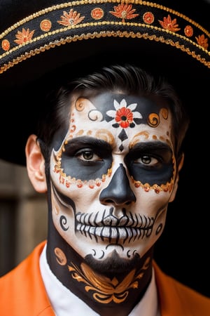 (Best quality, 8k, 32k, Masterpiece, UHD:1.2),  1guy, a close up of a latin man with skull face paint,orange black white, mexican sombrero in black orange, intricate hat details, ornamental stones in face, defiant look, dia de los muertos, skull paint, portrait of a sugar skull, dia de los muertos makeup, wearing a orange tuxedo, detailed face and body, masculine face, masculine features, rugged textured face, detailed perfect face, face retouched, realistic portrait photo, high quality portrait, and attractive features, eyes, eyelid,  focus, depth of field, film grain, ray tracing, detailed fabric rendering, detailed natural real skin texture, visible skin pores, anatomically correct, Catrin