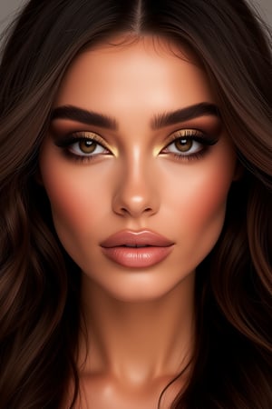 A stunning close-up of a Caucasian woman with luscious long hair, exuding elegance. Her flawless face is adorned with detailed beauty features, subtle retouching adding to her allure. A symphony of gold and black makeup accentuates her dark brown eyes, creating a mesmerizing gaze. The subject's youthful features are highlighted by the soft, even lighting, framing her beautiful full-face shot.