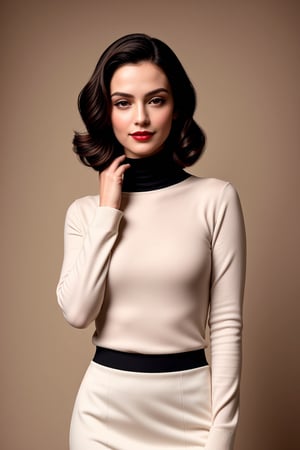 A hyper-realistic photograph captures a woman with a sleek black turtle-neck sweater, her medium yellow-blond hair styled in an elegant bob, framing her porcelain doll-like features. Her bright red lips are painted into a subtle smile, as she gazes directly at the camera. Against a warm, beige-toned background, she stands out like a ray of sunshine, dressed to the nines in 1940s attire, complete with a fitted skirt and high heels, evoking a sense of classic Hollywood glamour.,mj,<lora:659111690174031528:1.0>