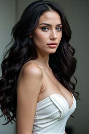  a pretty woman with gorgeous long curly black hair, very long curly wair, wearing a white dress, greenblue eyes, midshot picture, and attractive features,  eyes,  eyelid,  focus,  depth of field,  film grain,  ray tracing,  slim model,  anatomically correct, (Hairdress),<lora:659111690174031528:1.0>