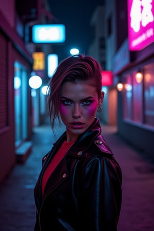 A dimly lit alleyway, neon hues from holographic advertisements casting a soft glow on a mysterious woman's striking features. She stands tall, piercing eyes and bold lips painted with neon pink lipstick and pink neon eyeshadows drawing attention. Her avant-garde hairstyle and cyberpunk-inspired makeup accentuate her angular face amidst the eerie haze of urban decay.