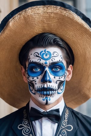 (Best quality, 8k, 32k, Masterpiece, UHD:1.2),  1guy, a close up of a guy with Catrin make up, dia de los muertos, dia de los muertos,  black base make up, blue white black makeup,  emulating a skull with the make up,  sombrero black and blue,  wearing charro clothes, detailed face and body, masculine face, masculine features, rugged textured face, detailed perfect face, face retouched, light blue eyes, realistic portrait photo, high quality portrait, and attractive features, eyes, eyelid,  focus, depth of field, film grain, ray tracing, detailed fabric rendering, detailed natural real skin texture, visible skin pores, anatomically correct, :X