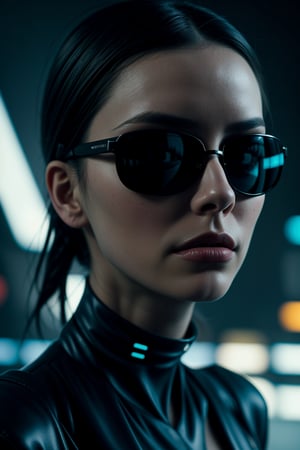 In a dimly lit, neon-lit cityscape at dusk, a stunning cyberpunk girl poses for a close-up shot. Wearing sleek, dark sunglasses, her gaze is enigmatic and alluring. The camera frames her beautiful face with a shallow depth of field, emphasizing the futuristic sheen on her skin and the delicate lines of her features. A blend of retro and modern styles, reminiscent of Beeple's digital artistry, merges with the cyberpunk aesthetic to create a captivating portrait. Her eyes gleam like polished chrome as she seems to beckon us into her world of high-tech dreams.,<lora:659111690174031528:1.0>