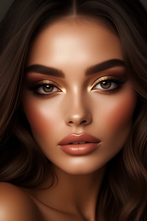 A stunning close-up of a Caucasian woman with luscious long hair, exuding elegance. Her flawless face is adorned with detailed beauty features, subtle retouching adding to her allure. A symphony of gold and black makeup accentuates her dark brown eyes, creating a mesmerizing gaze. The subject's youthful features are highlighted by the soft, even lighting, framing her beautiful full-face shot.