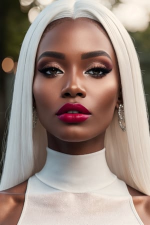 (Best quality, 8k, 32k, Masterpiece, UHD:1.2), potrait of a gorgeous afroamerican, posing for a fashion magazine white gloss lipstick, wearing a white turtleneck couture dress, , ((Fancy white make up, white eyeshadow, long fancy eyeliner,)) face glitter, (platinum dyed straight hair), and attractive features, looking at viewer, eyes, eyelid, leashes, eyes contact, focus, depth of field, film grain, serious, ray tracing, sunset, ((contrast lipstick)), detailed natural real skin texture, perfect straight platinum dyed hairstyle ,visible skin pores, anatomically correct,(PnMakeEnh)