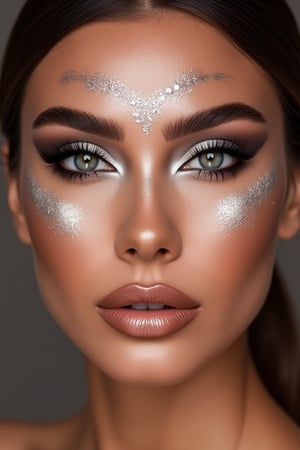 a close up of a woman with silver makeup, fantastic details full face, egyptian makeup, stylized make-up on face, egypt makeup, detailed face of an arabic woman, symmetrical face details, glam make-up, pop makeup style, beauty woman with detailed faces, beautiful full face, stylish make up, thick fancy makeup