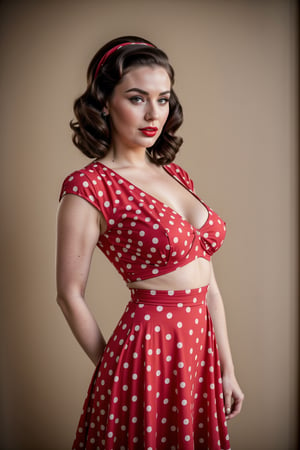 (Best quality, 8k, 32k, Masterpiece, UHD:1.2),   pinup woman posing, style, brunette pin up woman, candid photo, candid surprise face, vintage pin up, pinup, 50s, blonde model, realistic female face, red polka dot dress by Gil Elvgren, PinUp,(PnMakeEnh),<lora:659111690174031528:1.0>