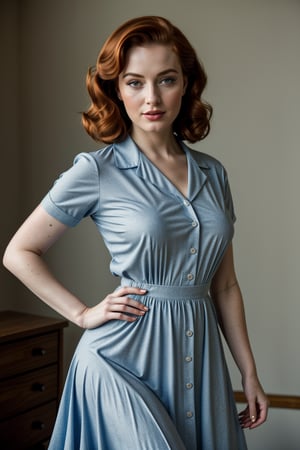 (Best quality, 8k, 32k, Masterpiece, UHD:1.2),  a ginger woman in a blue shirtwaist dress posing for a picture, retro pinup model, midshot picture, and attractive features,  eyes,  eyelid,  focus,  depth of field,  film grain,  ray tracing,  slim model,  anatomically correct, PinUp,<lora:659111690174031528:1.0>