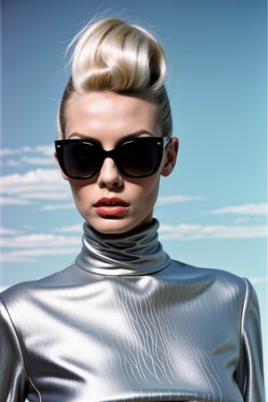 close up Photography, in front of black wall, a punk 80's British model woman with 50's platinum haircut, in a white turtleneck dress and oversized sunglasses, frontal view, Retro Futuristic Style, Salvador Dali Utopia ,DreamOn,,<lora:659111690174031528:1.0>