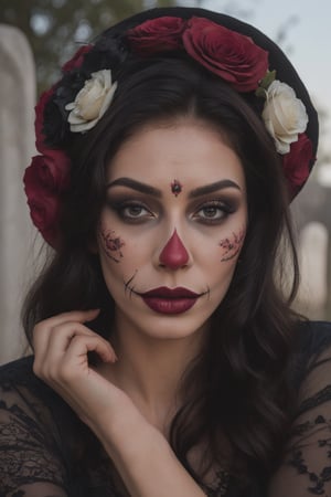  (Best quality, 8k, 32k, Masterpiece, UHD:1.2), a woman in a red hat with black roses on her head, dia de los muertos, red dress and make up, dia de los muertos make up, ((dia de los muertos)), looking aside, and attractive features, eyes, eyelid, focus, depth of field, film grain, ray tracing, ((contrast lipstick)), slim model, detailed natural real skin texture, visible skin pores, anatomically correct, (midnight), moonlight cemetary background, Catrina