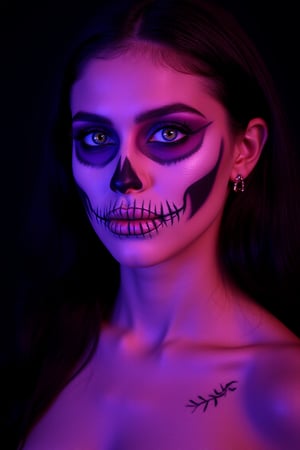 Close-up of a woman with elaborate makeup. 


The makeup creates a striking, almost otherworldly effect.  Her face is painted with a design that resembles a skull, with the details of the bones and teeth rendered with intricate colouration.  The colours are vibrant, primarily shades of purple, pink, and hints of blue.  The contrast between the colours and the tones of the makeup is significant. 


Her eyes have a unique, intensified look due to makeup, with large, styled, coloured contact lenses.  Intense lighting and color filters are used to give the face a luminous, almost glowing quality. 


The woman's hair is dark and long, and some of it falls around her shoulders. 


The skin surrounding the painted area displays a noticeable contrast with the highlighted face paint.  There are small, intricate details in the skull makeup, suggesting careful application.  A subtle, patterned design, that's similar to scales or fish skin, is painted on her shoulder and upper chest area. Two earrings are visible. 


The background is entirely dark, drawing attention to the subject’s face and elaborate makeup.