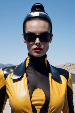 (Best quality, 8k, 32k, Masterpiece, UHD:1.2),  a woman in a black and yellow outfit and sunglasses, fashionable futuristic woman, style of ian hubert, strong lines and bold colors, futuristic sci-fi fashion, futuristic fashion clothing, andrei riabovitchev symmetrical, clemens ascher, futurisitc sunglasses, editorial fashion photography, retro futurist style, retro futuristic fashion, fashionable cyberpunk mechanoid, 4k fashion shoot (PnMakeEnh), DreamOn