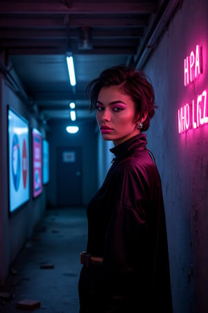 A dimly lit alleyway, neon hues from holographic advertisements casting a soft glow on a mysterious woman's striking features. She stands tall, piercing eyes and bold lips painted with neon pink lipstick and pink neon eyeshadows drawing attention. Her avant-garde hairstyle and cyberpunk-inspired makeup accentuate her angular face amidst the eerie haze of urban decay.