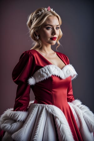 midshot up of MrsClaus, lipstick, joy, blonde, blue eyes, wearing a gorgeous MrsClaus red gown outfit, white fur, north pole background, snow, christmas, snowflakes ,<lora:659111690174031528:1.0>