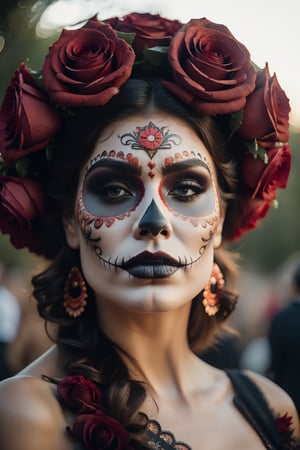 (Best quality, 8k, 32k, Masterpiece, UHD:1.2),   a woman in a red hat with black roses on her head, dia de los muertos, red dress and make up, dia de los muertos make up, ((dia de los muertos)), looking aside, and attractive features, eyes, eyelid, focus, depth of field, film grain, ray tracing, ((contrast lipstick)), slim model, detailed natural real skin texture, visible skin pores, anatomically correct, (midnight), moonlight cemetary background, Catrina,(PnMakeEnh)