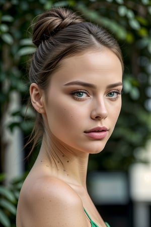  a pretty french woman with a fancy brunette bun hair, wearing a green dress, blue eyes, glossy lipstick, midshot picture, and attractive features,  eyes,  eyelid,  focus,  depth of field,  film grain,  ray tracing,  slim model,  anatomically correct, (Hairdress),<lora:659111690174031528:1.0>