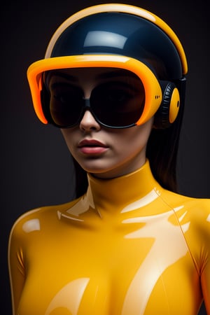 (Best quality, 8k, 32k, Masterpiece, UHD:1.2),  a close up of a person wearing WinAmp sunglasses, retro futuristic, 3D render, orange blue neon, inside a tight plastic suit DreamOn,,<lora:659111690174031528:1.0>