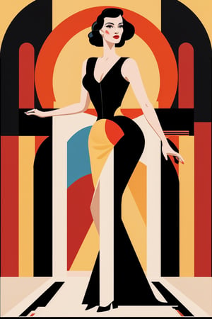 (Best quality, 8k, 32k, Masterpiece, UHD:1.2),   a woman in a black dress standing in a doorway, art deco illustration, vectorized, in style of digital illustration, vibrant colors, Pop Art, DreamOn