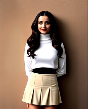 A hyper-realistic photograph captures a woman with a sleek black turtle-neck sweater, her medium yellow-blond hair styled in an elegant bob, framing her porcelain doll-like features. Her bright red lips are painted into a subtle smile, as she gazes directly at the camera. Against a warm, beige-toned background, she stands out like a ray of sunshine, dressed to the nines in 1940s attire, complete with a fitted skirt and high heels, evoking a sense of classic Hollywood glamour.,mj,<lora:659111690174031528:1.0>