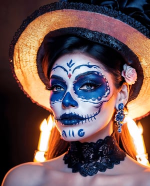 (Best quality, 8k, 32k, Masterpiece, UHD:1.2),  full body potrait of a woman with Catrina make up,  dia de los muertos, white base make up, blue, black makeup, emulating a skull with the make up, sombrero black and blue, wearing charro clothes, and attractive features, eyes, eyelid,  focus, depth of field, film grain,, ray tracing, ((contrast lipstick)), slim model, detailed fabric rendering, detailed natural real skin texture, visible skin pores, anatomically correct, night, cemetary background,  Catrina,(PnMakeEnh)