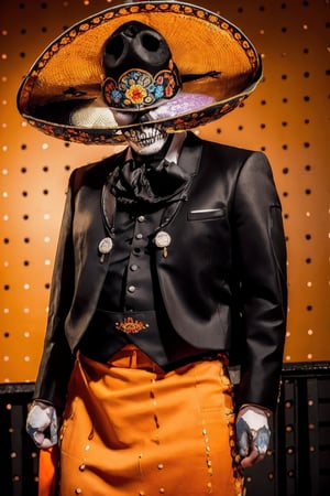 (Best quality, 8k, 32k, Masterpiece, UHD:1.2),  1guy, full body image of a guy wearing Catrin intricated black orange charro clothes, hiding face paint,orange black white, orange flowers, many orange flowers, mexican sombrero in black orange, intricate hat details, ornamental stones in face, defiant look, dia de los muertos, skull paint, portrait of a sugar skull, dia de los muertos makeup, wearing a orange tuxedo, detailed face and body, masculine face, masculine features, rugged textured face, detailed perfect face, face retouched, realistic portrait photo, high quality portrait, and attractive features, eyes, eyelid,  focus, depth of field, film grain, ray tracing, detailed fabric rendering, detailed natural real skin texture, visible skin pores, anatomically correct, Catrin