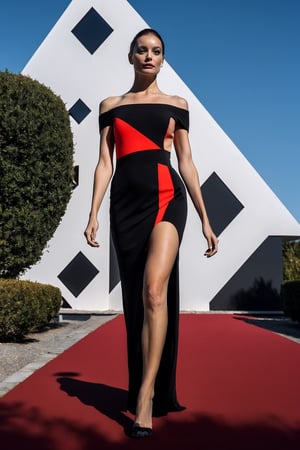 (Best quality, 8k, 32k, Masterpiece, UHD:1.2),  woman wearing a triangled gown, red black perfect lines texturized Dress, walking out of a geometrycal figure house, surreal perfect,DreamOn,(PnMakeEnh)