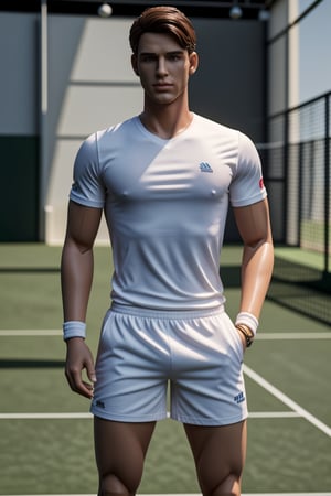(Best quality, 8k, 32k, Masterpiece, UHD:1.2), a plastic male, tennis player doll wearing white shirt, white shorts, male plastic doll, standing in a tennis court, plastic joints, hyper-realistic cg, unreal engine, , DollMe,<lora:659111690174031528:1.0>
