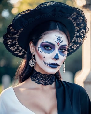 (Best quality, 8k, 32k, Masterpiece, UHD:1.2),  full body potrait of a woman with Catrina make up,  dia de los muertos, white base make up, blue, black makeup, emulating a skull with the make up, sombrero black and blue, wearing charro clothes, and attractive features, eyes, eyelid,  focus, depth of field, film grain,, ray tracing, ((contrast lipstick)), slim model, detailed fabric rendering, detailed natural real skin texture, visible skin pores, anatomically correct, night, cemetary background,  Catrina,(PnMakeEnh)