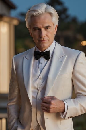 A suave figure, 50 years young with wispy white hair framing his distinguished features, stands tall ,The soft orange hue of evening's twilight casts a flattering glow on his chiseled face, while long shadows dance across his broad shoulders, accentuating the perfect cut of his elegant tuxedo.