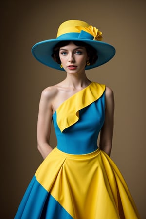(Best quality, 8k, 32k, Masterpiece, UHD:1.2),   a woman in a yellow and blue dress and hat, fine art fashion photography, saturated colours,  fine art fashion magazine style, , primary colours, sci-fi fashion model, DreamOn,<lora:659111690174031528:1.0>