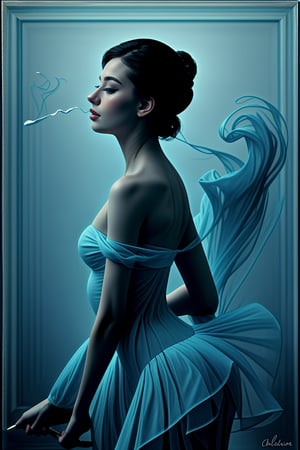 a digital illustration of a impasto oil watercolor and alcohol painting, graceful gorgeous ballerina engulfed in 3d layers of diaphanous azure blue smoke, pale blue swirling fog, in the style of dreamy surrealism, chiaroscuro, pino daeni and paul paul pelletier, romantic impressionism, high saturation, blushing white background, Ptcard,,<lora:659111690174031528:1.0>