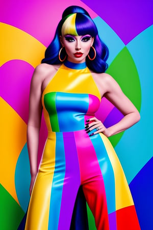 a person standing in front of a rainbow wall wearing rainbow clothes, pride month,lgbt art, lgbt flag, pride flag in background, vogue full color editorial photo, fresh rainbow jumpsuit rainbow background, rainbow colors, rainbow stripe backdrop, colorful fashion, lgbtq, colorful dress, rainbow colored, pride parade, inspired by judy cassab, tehnicolor, inspired by pearl frush, inspired by victoria francés, sharp detailed eyes, inspired by pia fries, inspired by olivia de berardinis, fishnets, inspired by kim tschang yeul, inspired by carla wyzgala, gorgeous androgynous face, chin , pride parade background,(MakeMeUp),<lora:659111690174031528:1.0>